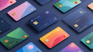 Professional credit card background with matte finish, minimal icons, clean financial branding