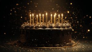 Royal black and gold happy birthday cake, premium luxury design, sparkling candles, dark background, cinematic look, hyper detailed, 4K ultra HD