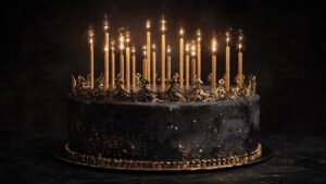 Royal black and gold happy birthday cake, premium luxury design, sparkling candles, dark background, cinematic look, hyper detailed, 4K ultra HD
