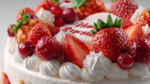 Strawberry happy birthday cake topped with fresh fruits, glossy cream, realistic food texture, professional photography style, ultra-clear 4K image
