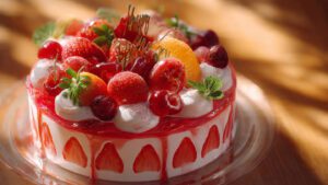 Strawberry happy birthday cake topped with fresh fruits, glossy cream, realistic food texture, professional photography style, ultra-clear 4K image