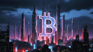 Futuristic crypto city skyline with glowing Bitcoin symbol neon lights cyberpunk style dark theme ultra detailed cinematic lighting 8K desktop wallpaper 1 1