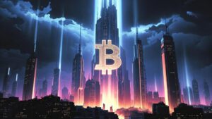 Futuristic crypto city skyline with glowing Bitcoin symbol neon lights cyberpunk style dark theme ultra detailed cinematic lighting 8K desktop wallpaper 3 1