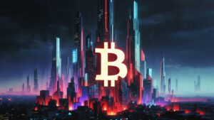 Futuristic crypto city skyline with glowing Bitcoin symbol neon lights cyberpunk style dark theme ultra detailed cinematic lighting 8K desktop wallpaper 4 1