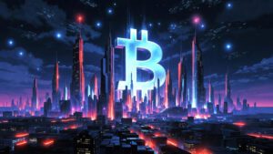 Futuristic crypto city skyline with glowing Bitcoin symbol neon lights cyberpunk style dark theme ultra detailed cinematic lighting 8K desktop wallpaper 5 1