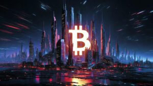 Futuristic crypto city skyline with glowing Bitcoin symbol neon lights cyberpunk style dark theme ultra detailed cinematic lighting 8K desktop wallpaper 7 1