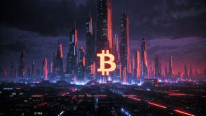 Futuristic crypto city skyline with glowing Bitcoin symbol, neon lights, cyberpunk style, dark theme, ultra-detailed, cinematic lighting, 8K desktop wallpaper