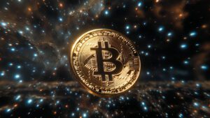 Golden Bitcoin floating in space digital particles dark galaxy background premium crypto art sharp focus ultra realistic 8K resolution 1