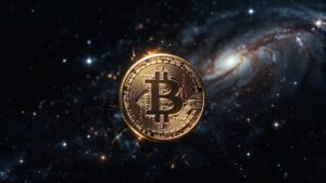 Golden Bitcoin floating in space, digital particles, dark galaxy background, premium crypto art, sharp focus, ultra realistic, 8K resolution