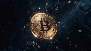 Golden Bitcoin floating in space digital particles dark galaxy background premium crypto art sharp focus ultra realistic 8K resolution 3