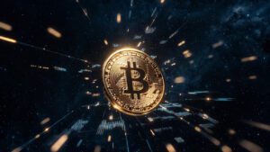 Golden Bitcoin floating in space, digital particles, dark galaxy background, premium crypto art, sharp focus, ultra realistic, 8K resolution