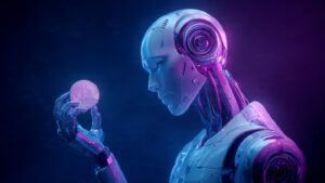 AI humanoid holding luminous crypto coin, futuristic technology background, neon blue and purple tones, cinematic light, 8K wallpaper