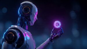 ai humanoid holding luminous crypto coin futuristi