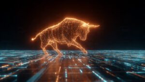 crypto bull charging through digital neon grid bit 1