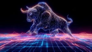 crypto bull charging through digital neon grid bit 2