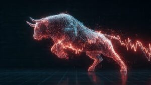 crypto bull charging through digital neon grid bit 3
