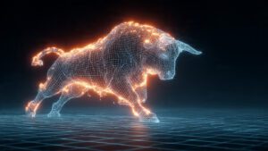 crypto bull charging through digital neon grid bit