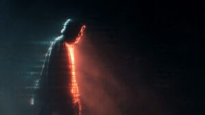 cyberpunk hacker silhouette with crypto code strea