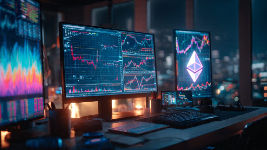 cyberpunk trader desk with multiple hologram crypt 1