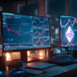 cyberpunk trader desk with multiple hologram crypt 1