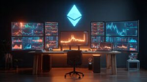 cyberpunk trader desk with multiple hologram crypt 2