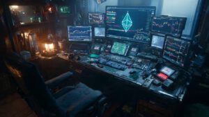 cyberpunk trader desk with multiple hologram crypt 3