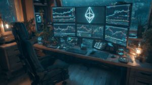 cyberpunk trader desk with multiple hologram crypt