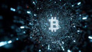 Digital blockchain tunnel with glowing crypto symbols, sci-fi depth effect, dark theme, ultra-detailed, 8K desktop wallpaper