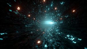 digital blockchain tunnel with glowing crypto symb 2