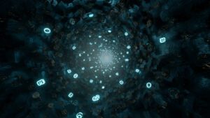 Digital blockchain tunnel with glowing crypto symbols, sci-fi depth effect, dark theme, ultra-detailed, 8K desktop wallpaper