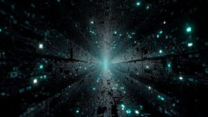 digital blockchain tunnel with glowing crypto symb