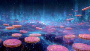 metaverse crypto world with floating coins hologra 3