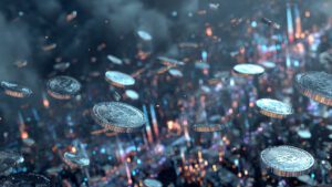 metaverse crypto world with floating coins hologra