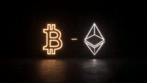 minimal black background with glowing bitcoin and 1