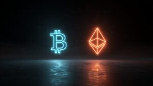 minimal black background with glowing bitcoin and 3